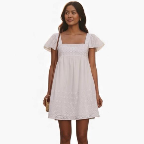 Caara Dresses & Skirts - NWT CAARA White Eyelet Mini Dress A-Line Flutter Sleeve M Coquette Cottagecore